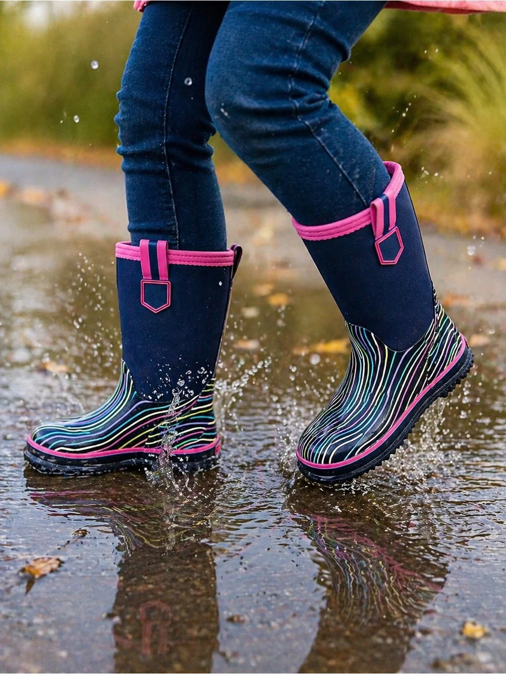 Lands’ End Girls - Kids Rainbow Stripe Waterproof Navy Pink Rain Boots Size 13